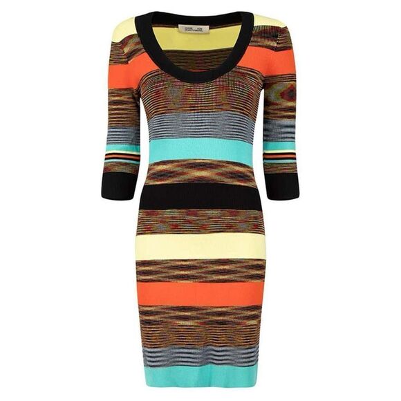 Diane Von Furstenburg Dress Stretch Striped print 3/4 sleeve mini scoop neck M - Picture 5 of 17